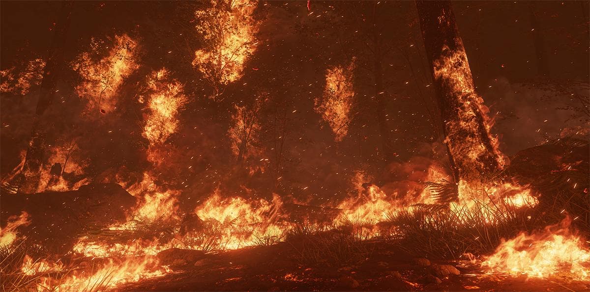 floresta em jogo da unreal engine super realista pegando fogo
