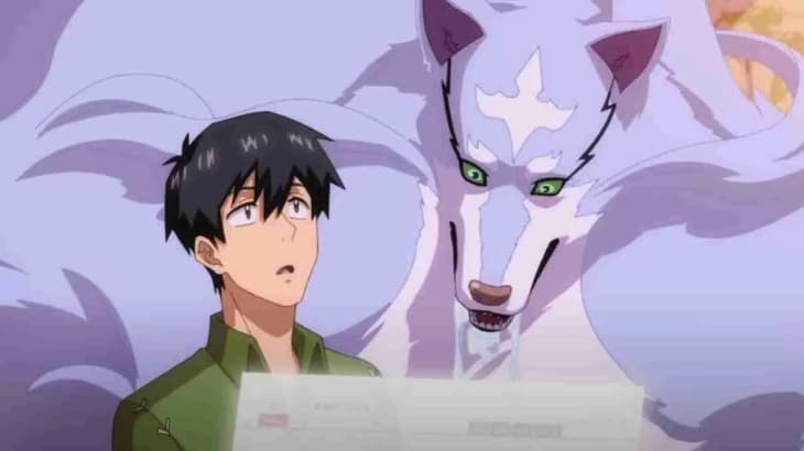 homem em estilo de anime assustado e grande lobo azul atrás dele