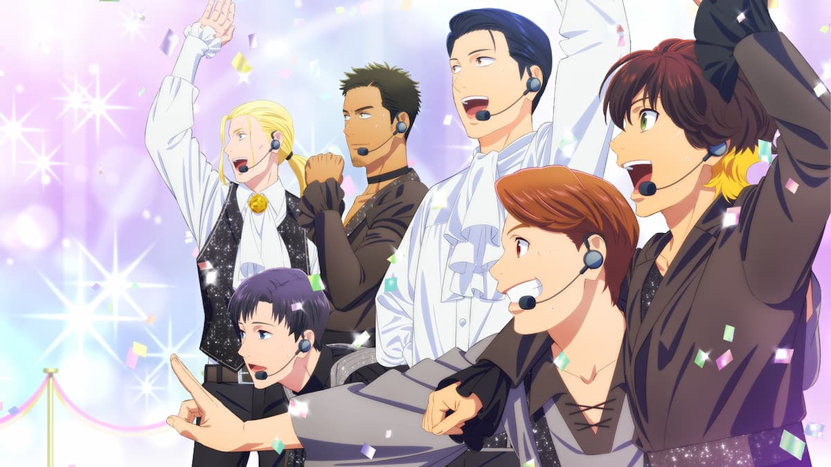 homens em estilo de anime com fundo brilhante e microfones