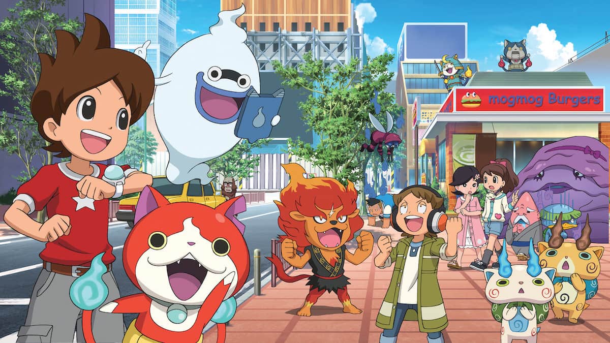 anime yo-kai watch, menino nas ruas do Japão de vários monstrinhos coloridos