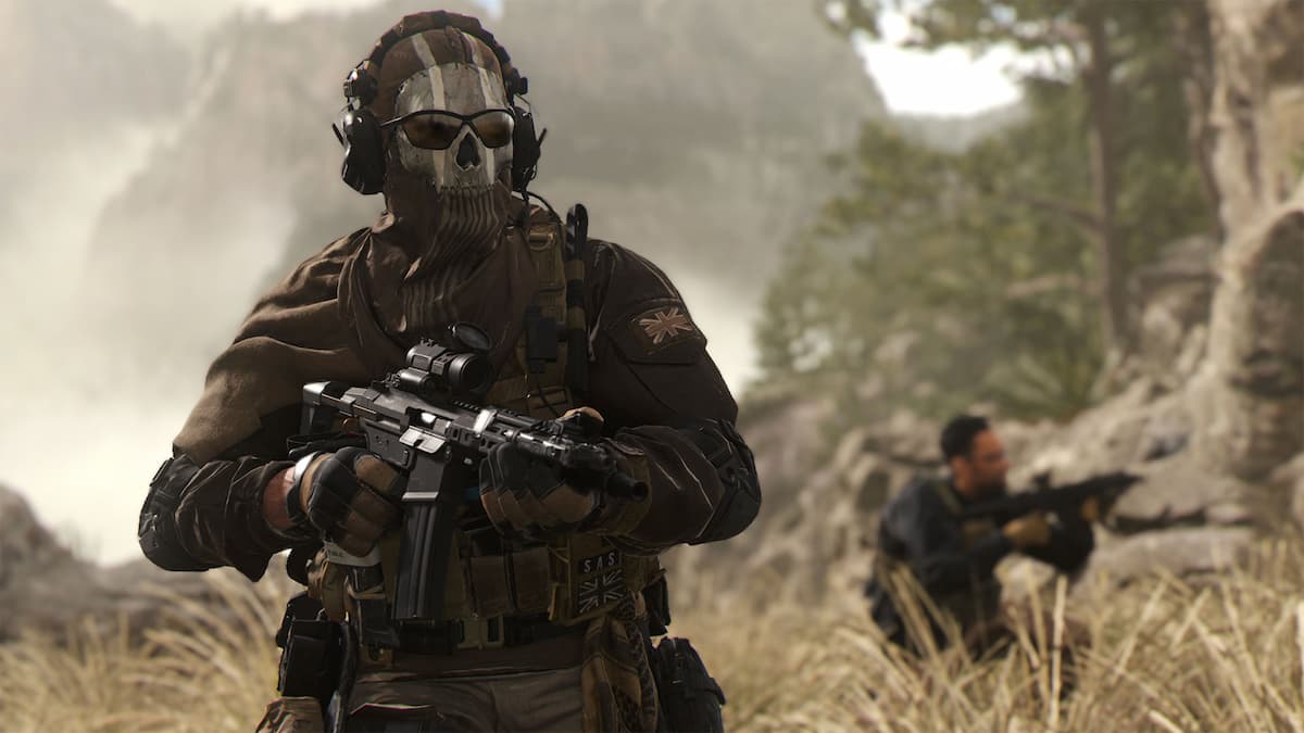 Soldado do jogo Call of Duty armado, com máscara de caveira
