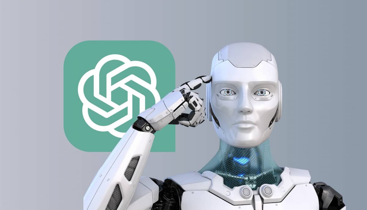 robô futurístico humanoide branco na frente do logo do chatgpt semelhante a uma flor com fundo verde