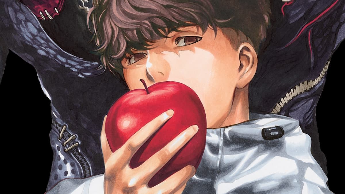menino japonês de death note com maçã na boca