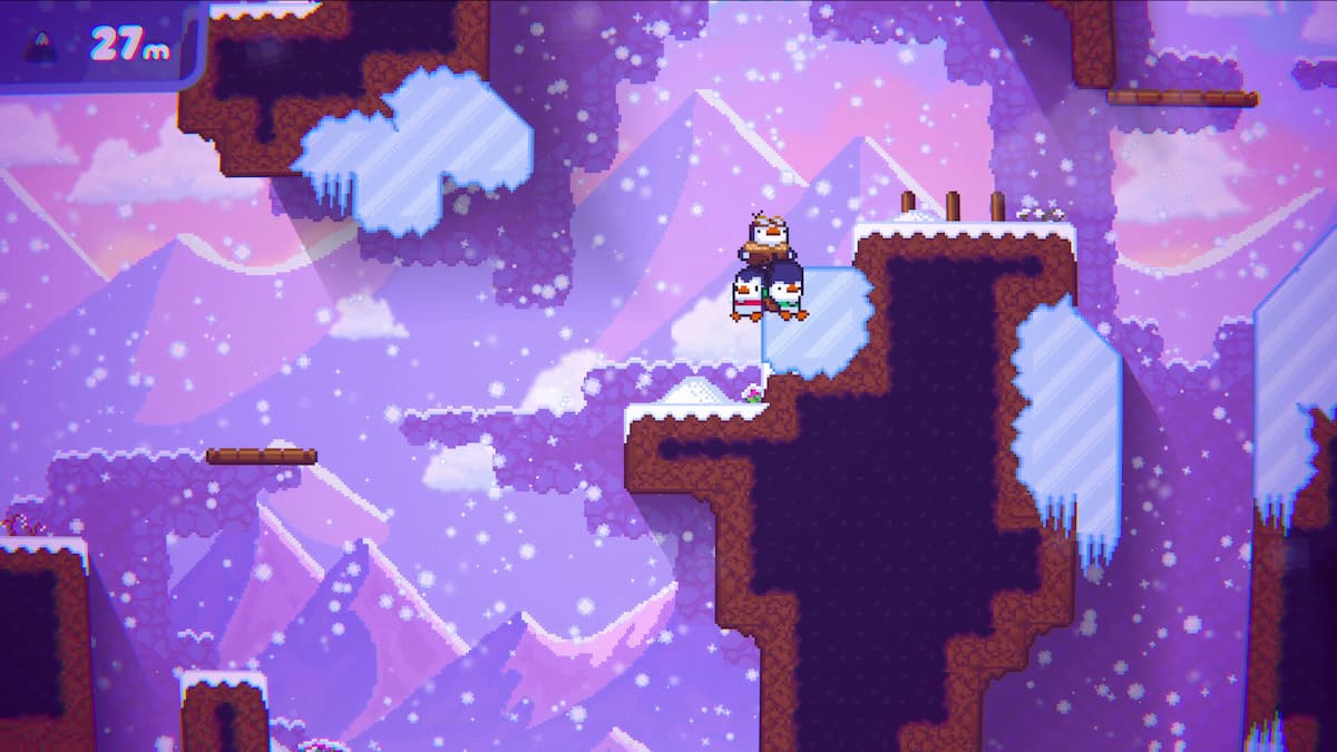 jogo de plataforma cooperativo com neve e pinguins em estilo de pixels
