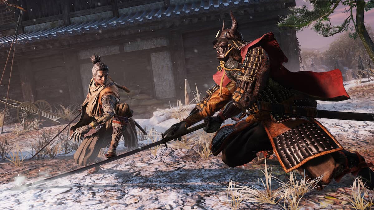 dois samurais japoneses lutando em jogo sekiro shadows die twice da ps plus