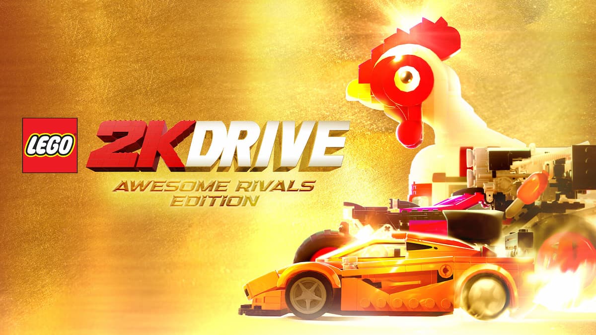 carros e uma galinha feitos de lego no jogo lego 2k drive