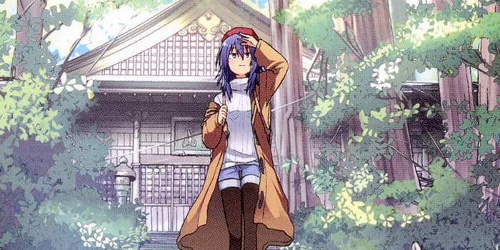 menina com cabelo azul e sobretudo marrom em estilo de mangá numa floresta típica japonesa
