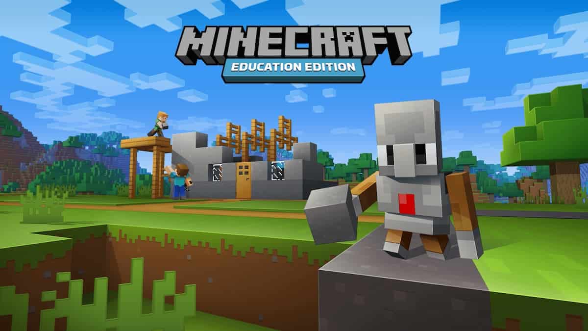 minecraft education edition, um personagem pequeno de minecraft e ao fundo uma casa