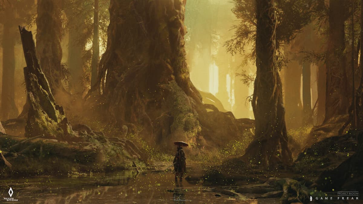 arte do projeto bloom, novo jogo da game freak: uma pessoa em uma floresta com tons sépia