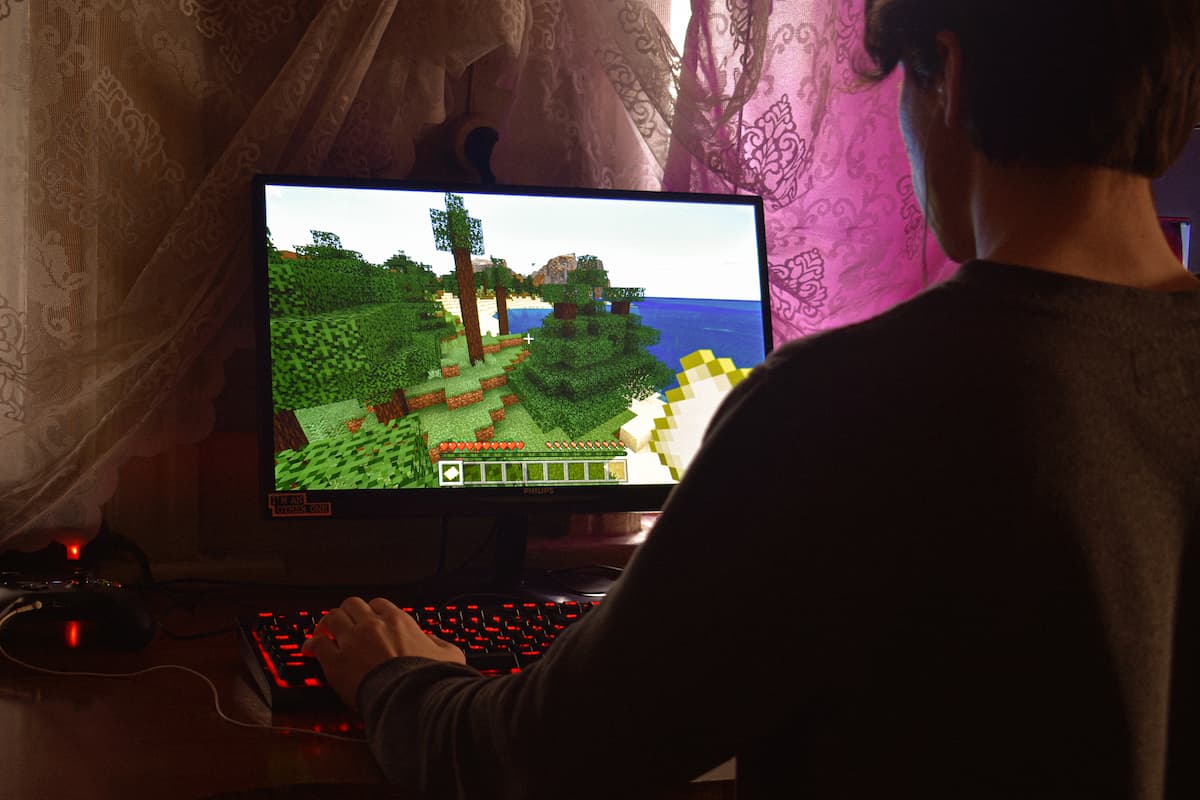 pessoa jogando minecraft em um computador