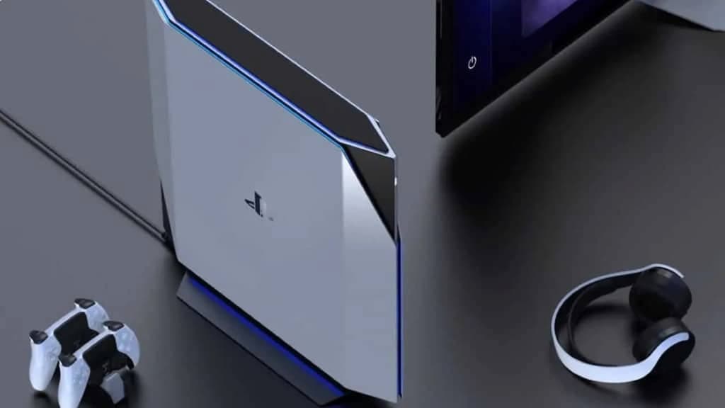 possível novo console do ps6 semelhante ao ps5 branco com detalhes em azul