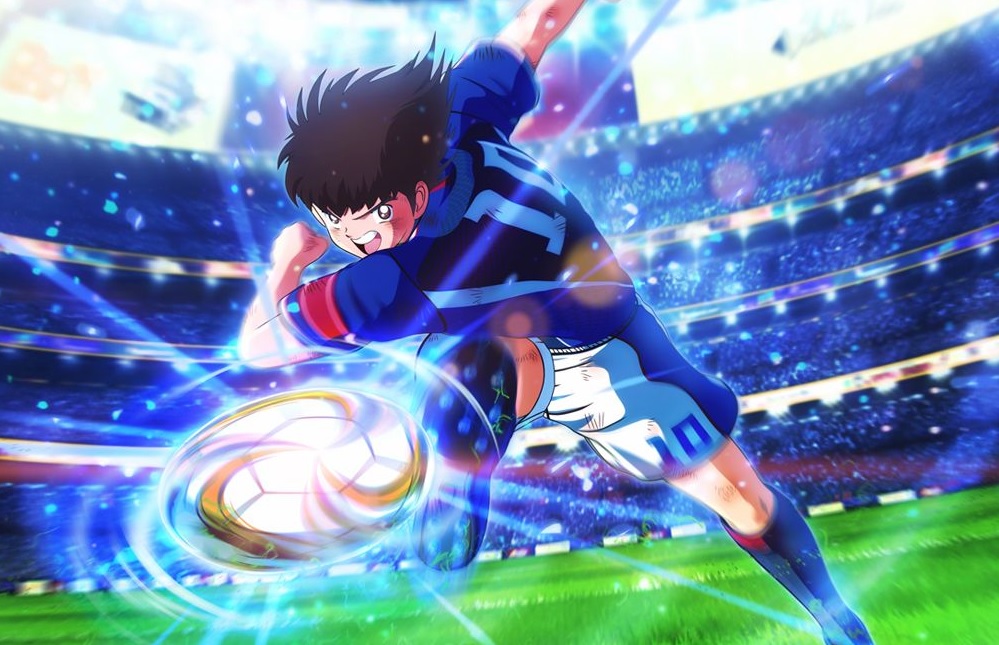 personagem do anime super campeões, jogador de futebol chutando a bola com super poder