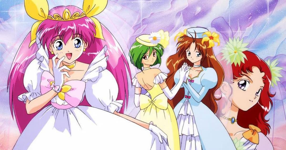 mulheres em estilo de anime com cabelos coloridos e vestido de noiva