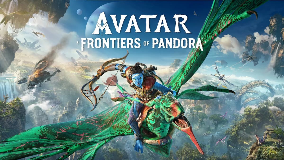 homem azul de avatar: frontiers of pandora voando em cima de um animal semelhante a dinossauro verde em mundo de avatar