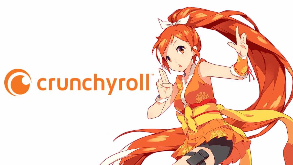 Menina em estilo de anime com roupas e cabelo laranja e logo do Crunchyroll à direita, em um fundo branco.