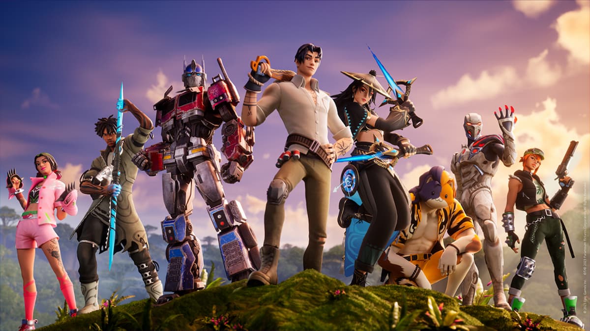 Vários personagens do jogo Fortnite com poses de confiante em uma montanha.