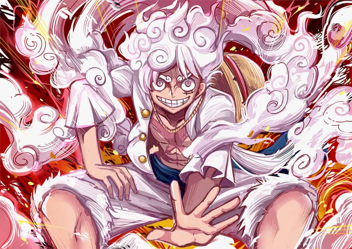 gear 5 de luffy no anime one piece, personagem com cabelos e roupas brancas e fumaça