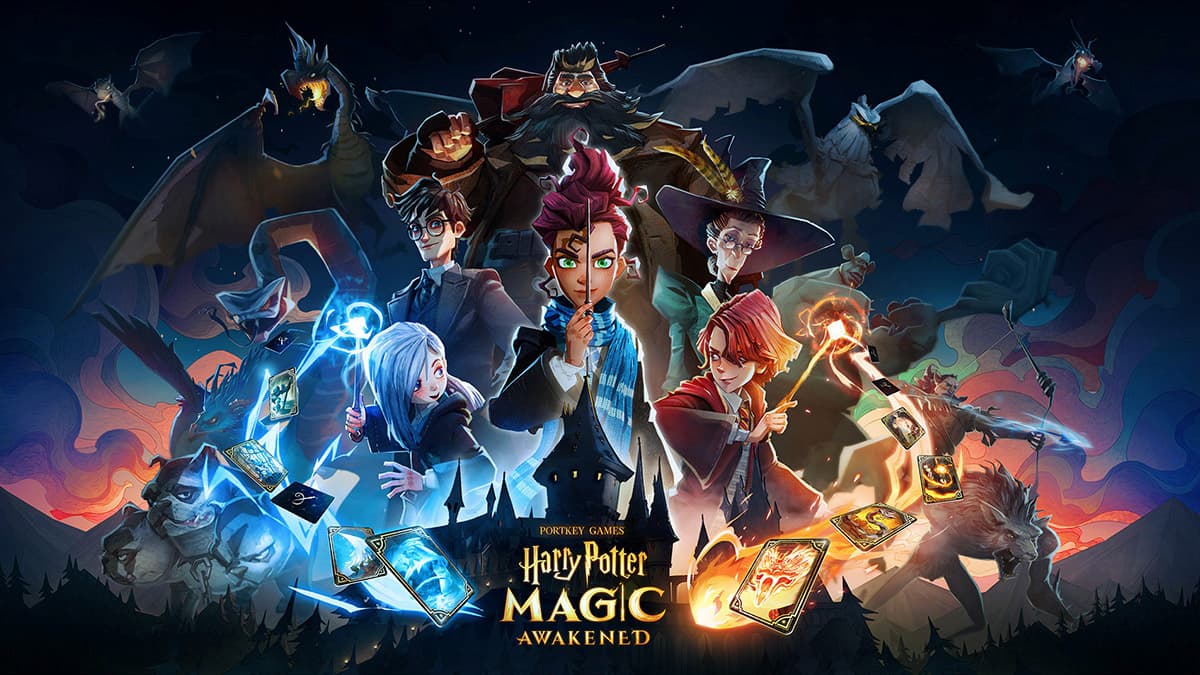vários bruxos de harry potter no novo jogo mobile em estilo de desenho animado