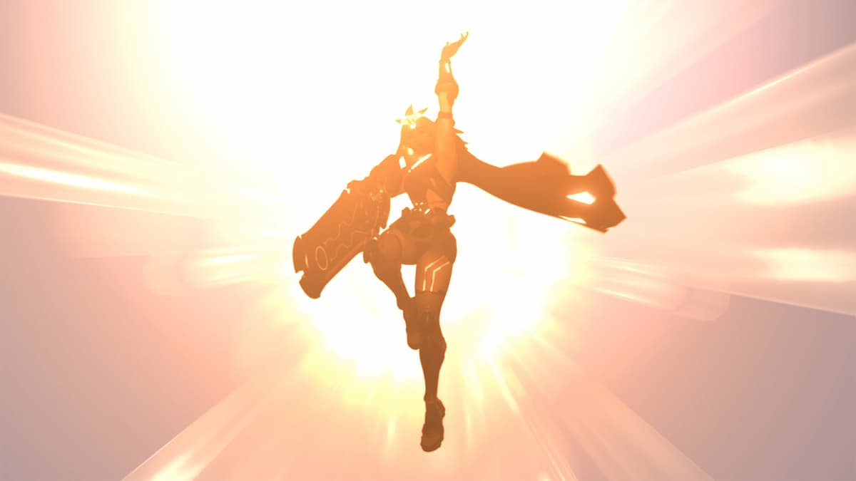 silhueta da nova heroína de suporte em frente ao sol de "Overwatch 2: Invasion"