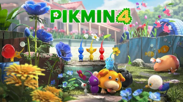 criaturas coloridas semelhantes a plantas e cachorrinho em um quintal no jogo pikmin 4