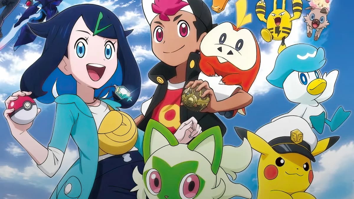 banner do anime pokemon horizontes com varios pokémons e os personagens principais uma menina e um menino