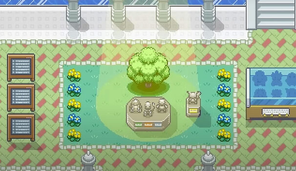 ambiente semelhante a uma sala com arvores estatuas de pokémon no jogo pokémon garden