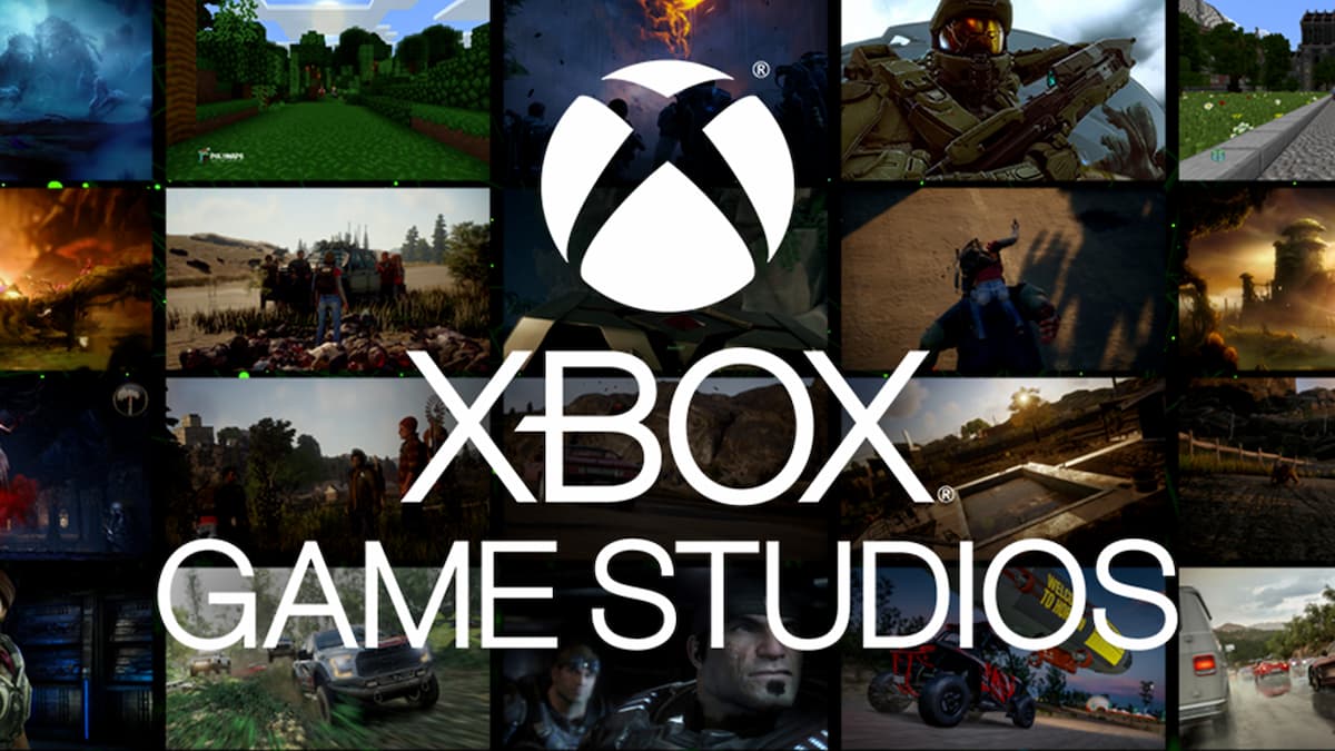 simbolo do xbox texto xbox game studios e no fundo vários jogos