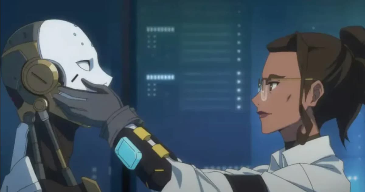 cientista segurando rosto de robô em novo anime de overwatch