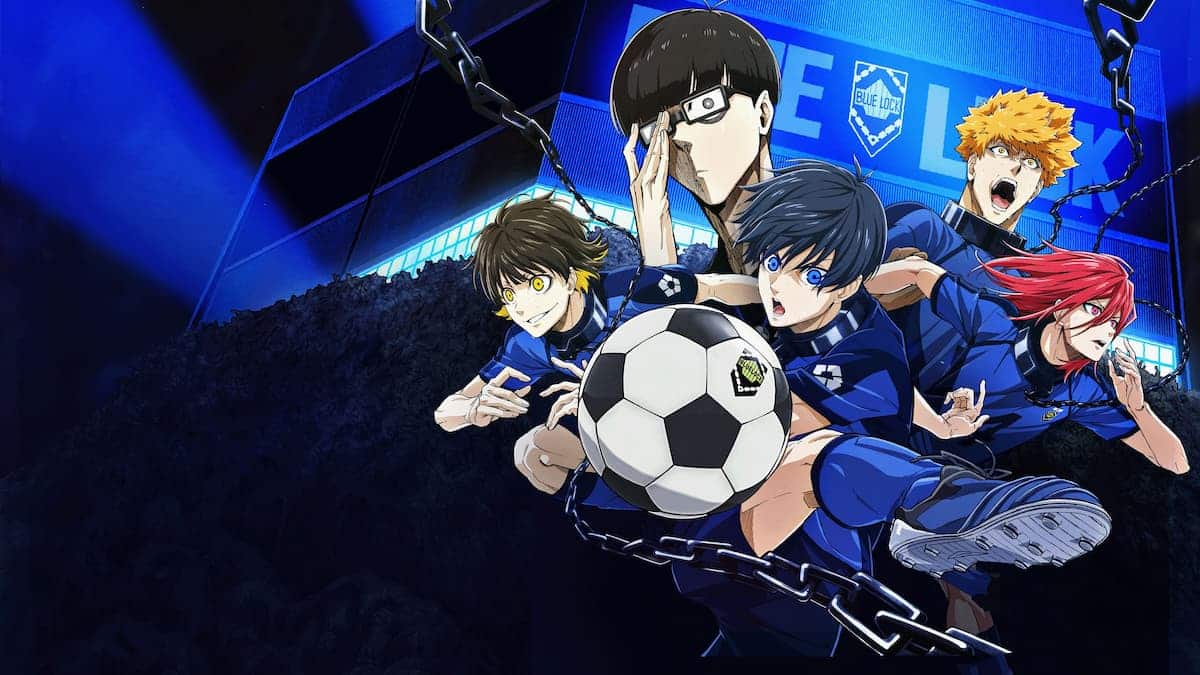 personagens do anime blue lock com bola de futebol e correntes em tom azul escuro