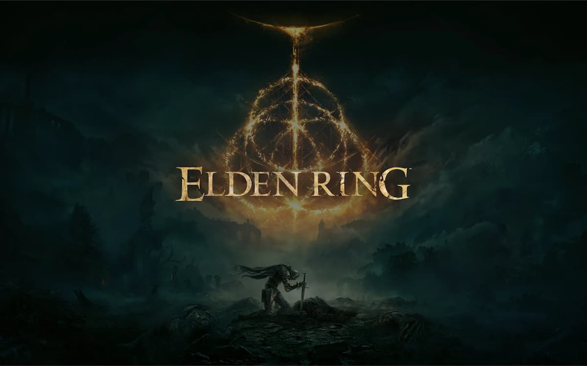 Silhueta de pessoa com espada na terra e texto acima, dourado, escrito Elden Ring.