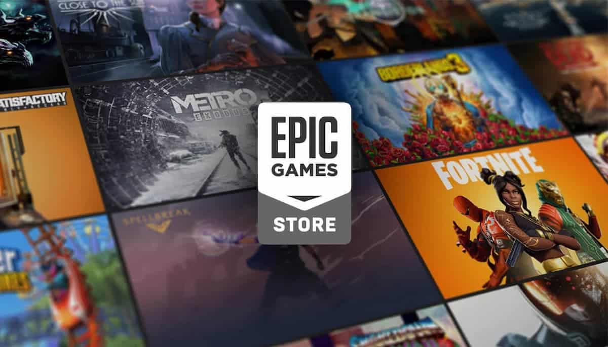 Logo da Epic Games store na frente de vários jogos da marca.
