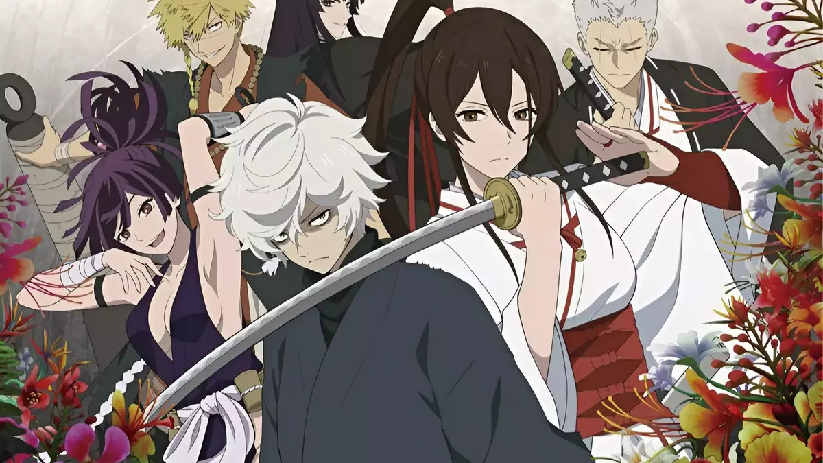 personagens com roupas feudais japonesas espadas e flores em estilo de anime no anime hell's paradise