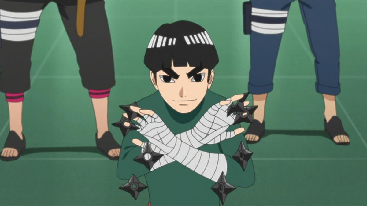 personagem metal lee do anime boruto, menino com cabelo preto de cuia faixas nas mãos e shurikens