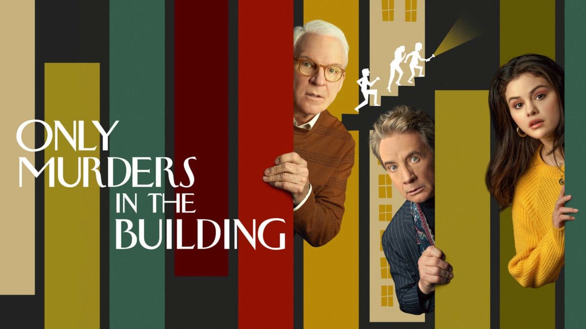 atores da série only murders in the building em pôster da série, arte colorida com escadas e silhuetas de pessoas subindo