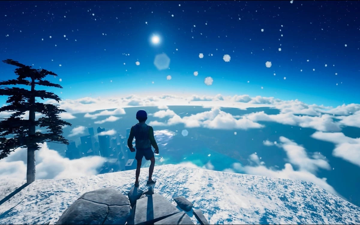 personagem do jogo only up no topo de estrutura olhando para o céu