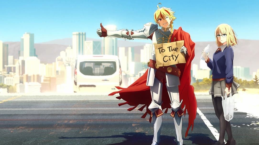 personagens do anime fate/strange fake menino e menina loiros pedindo carona para cidade na beira da estrada