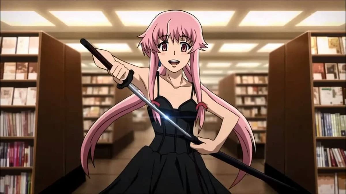 menina com cabelo rosa vestido preto apunhalando espada em uma biblioteca no anime mirai nikki, um dos animes desconhecidos