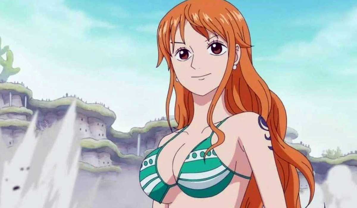 mulher em anime de cabelo ruivo e biquini azul, nami de one piece