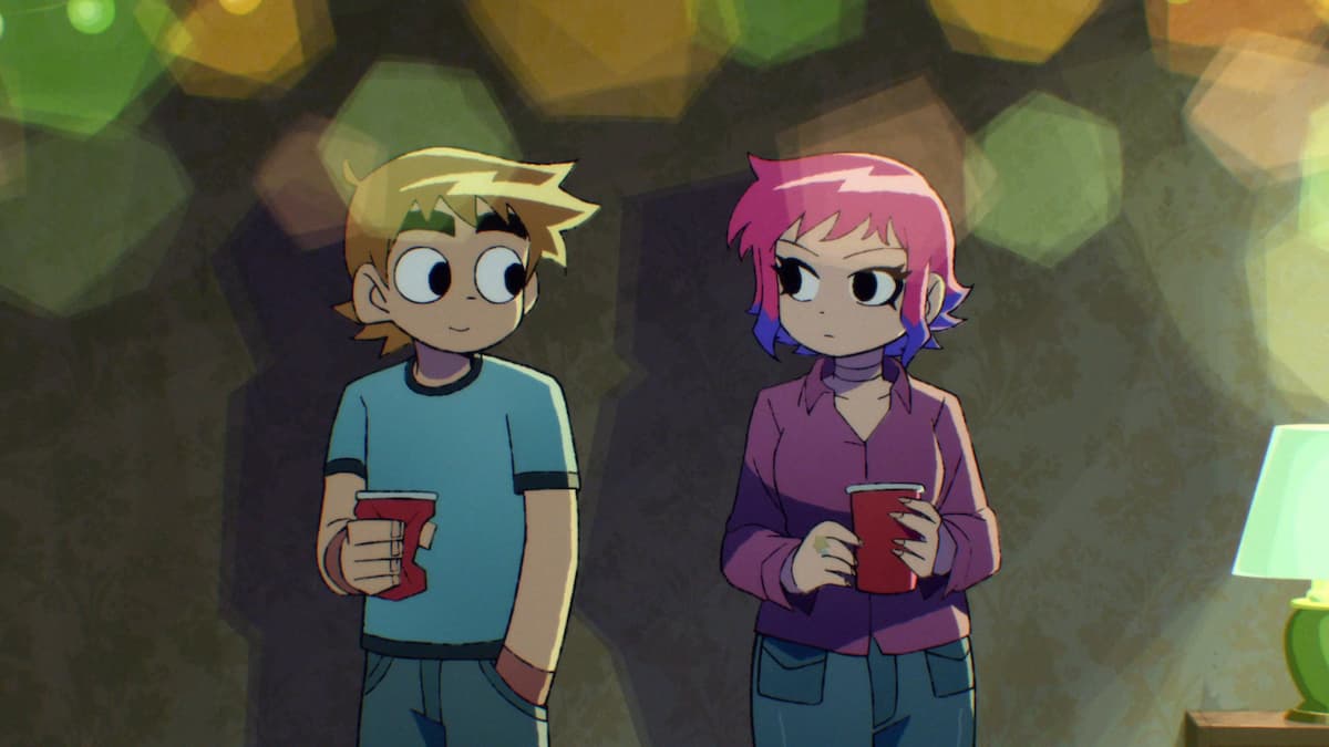 Cena com personagens do anime de Scott Pilgrim. Nela, dois adolescentes estão se encarando, um menino loiro e uma garota de cabelo rosa e azul.