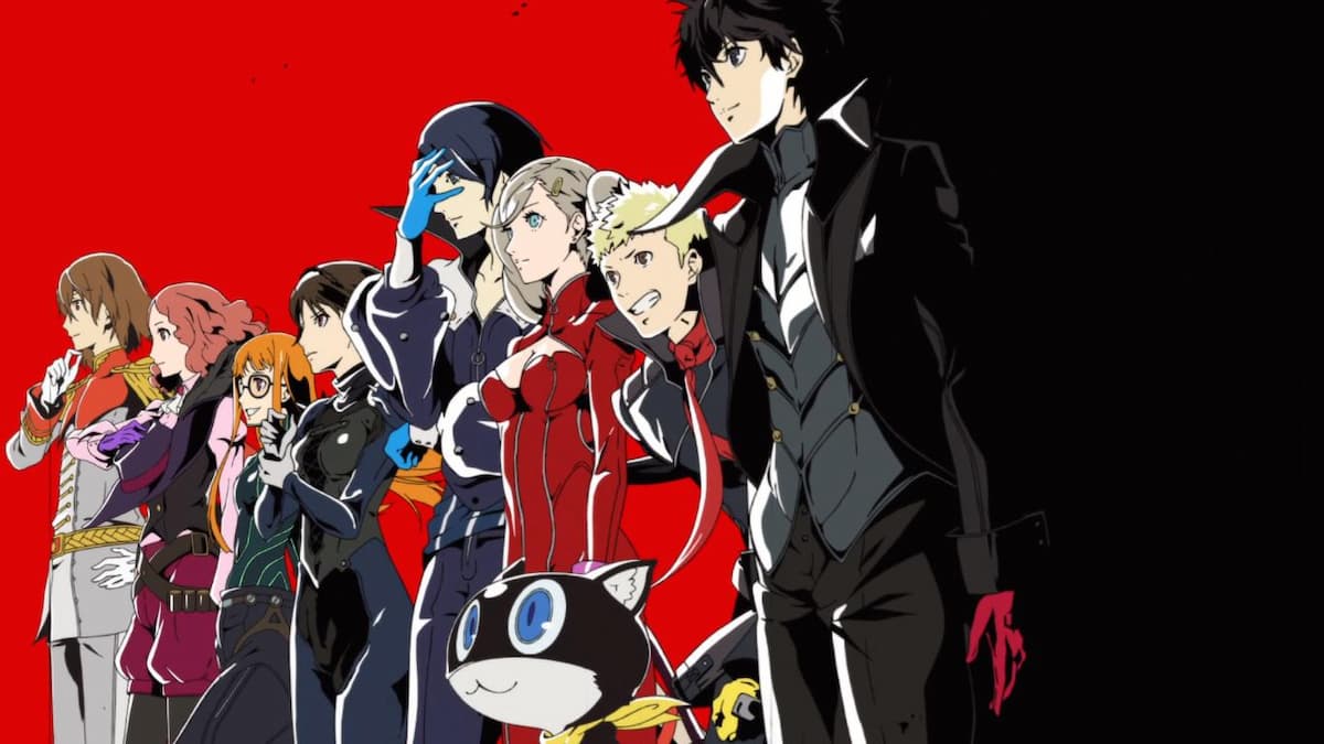 personagens de animes baseados em jogos persona 5, homens e mulheres com roupas que variam entre ternos e armaduras com cores preto branco e vermelho