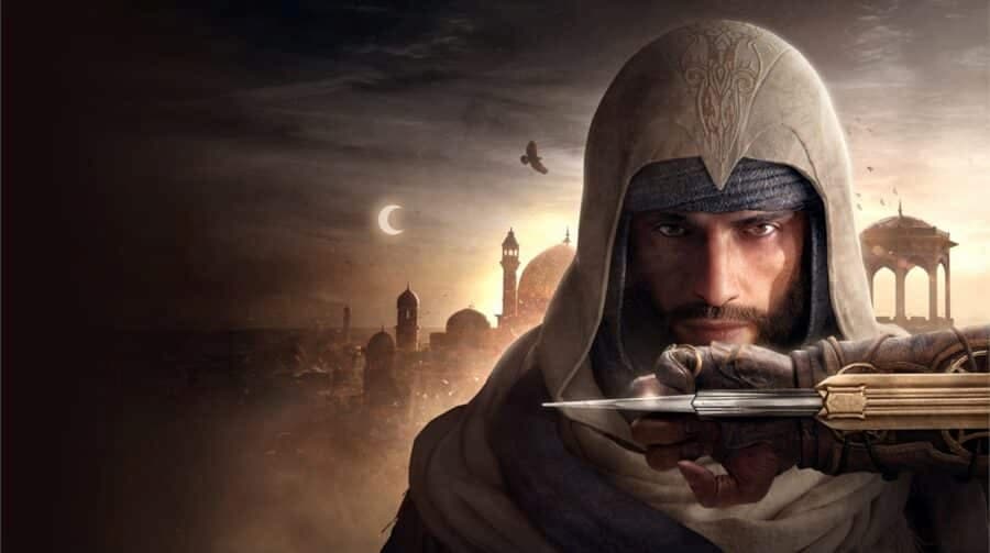 personagem de assassin's creed mirage no banner do jogo com capuz e faca