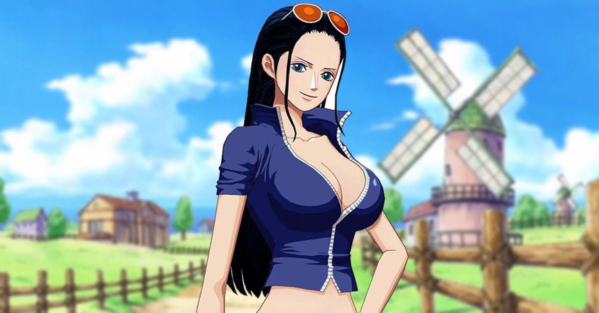 mulher de cabelo preto, oculos escuros na cabeça e mini colete azul com grande decote. imagem do anime do cosplay de nico robin de one piece