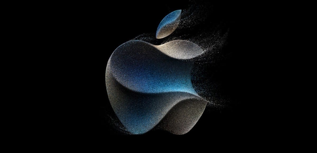 logo da apple em tons cinza e azul para o novo evento com data de lançamento do iphone 15
