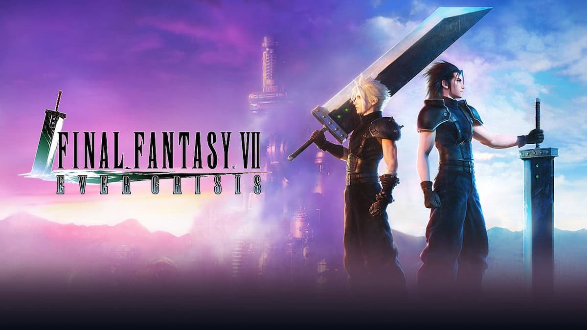 personagens de Final Fantasy 7: Ever Crisis de costas um para o outro com grandes espadas nas mãos e mundo mágico ao fundo