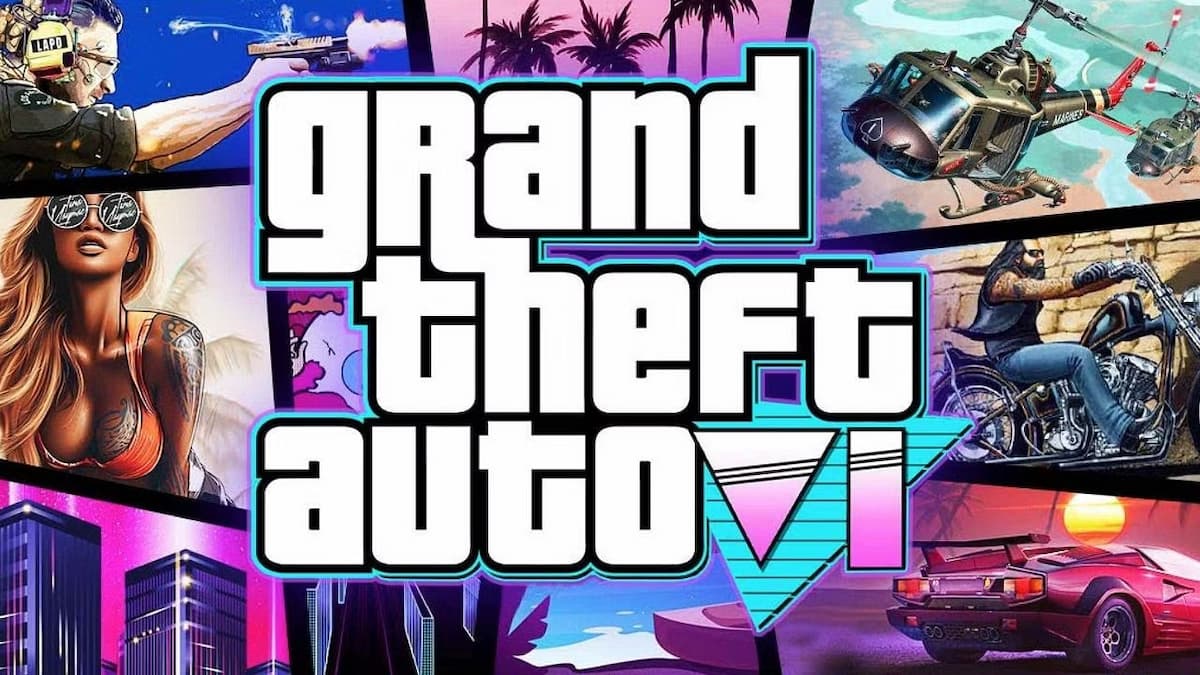 Possível logo do GTA 6, texto "grand theft auto VI" em cores neon.