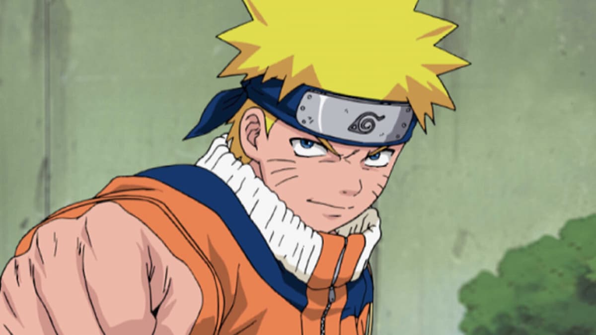 Cena do anime Naruto, em que o personagem de mesmo nome está com um semblante sério e com o braço direito estendido para frente, em desafio.
