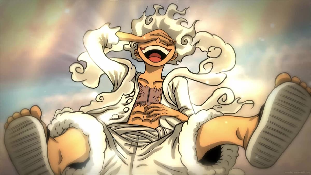 Personagem de One Piece, Luffy, rindo em sua gear 5 com cabelos e roupas brancas e elementos de raios e nuvens ao redor.