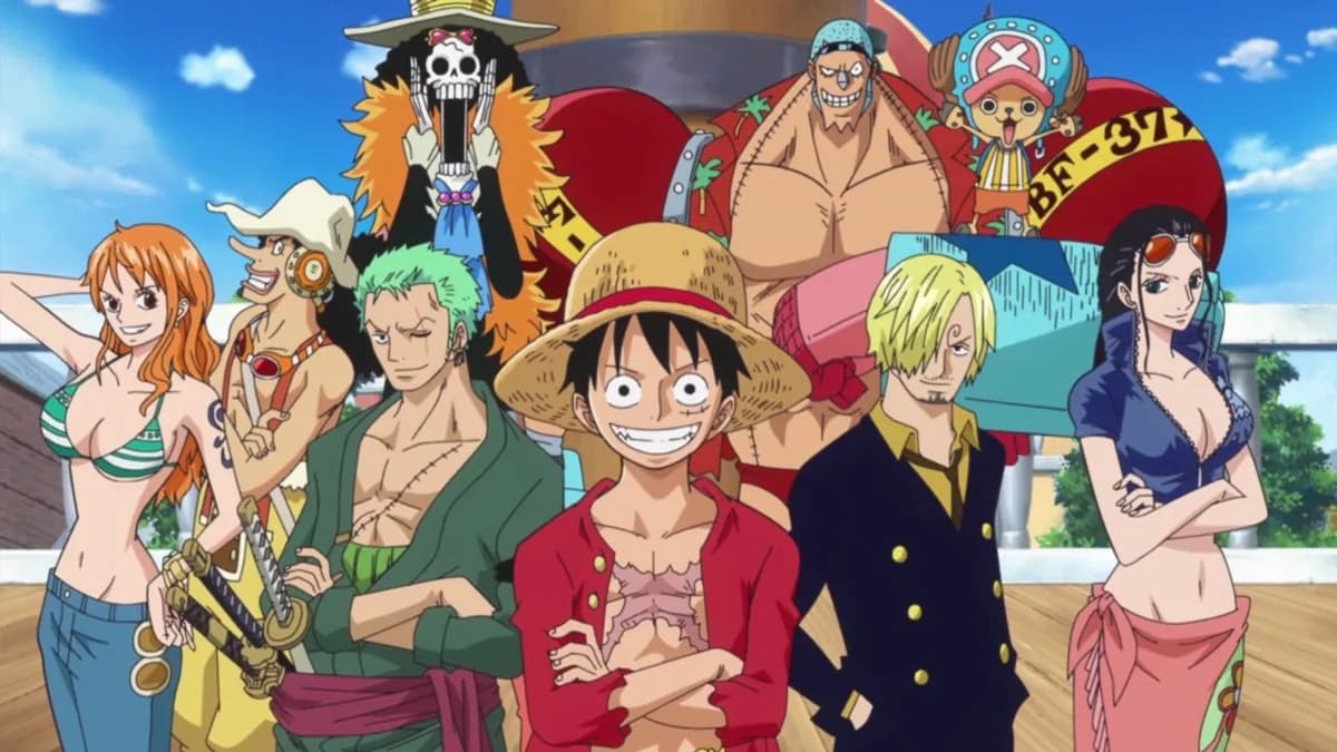 Tripulação dos chapéus de palha do anime One Piece reunidos em uma praia.
