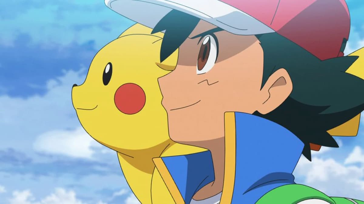 Personagem e Pokémon, Ash, de lado. Em seu ombro direito está o Pikachu. Ambos estão olhando para cima com semblantes de confiaça.