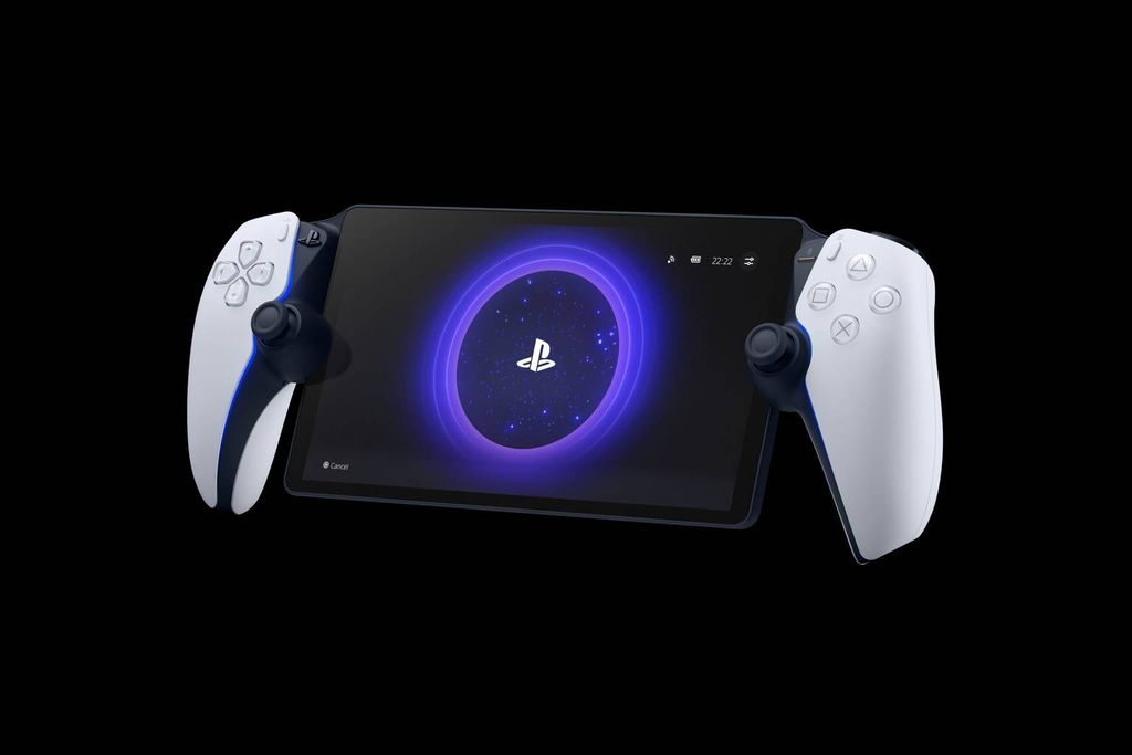 PlayStation Portal, um controle branco com uma tela no meio e detalhes azuis